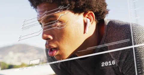 Image of data processing over african american man resting Stock Photos