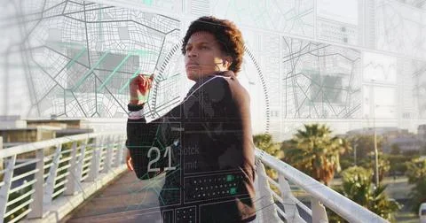 Image of data processing over african american man stretching 스톡 사진