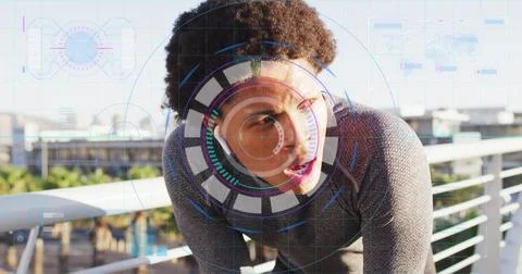 Image of data processing over african american man resting Stock Photos
