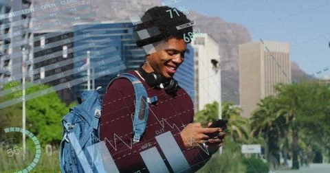 Image of data processing over african american man using smartphone Stock Photos