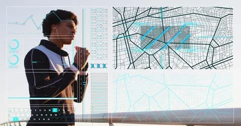 Image of data processing over african american man using smartphone Stock Photos