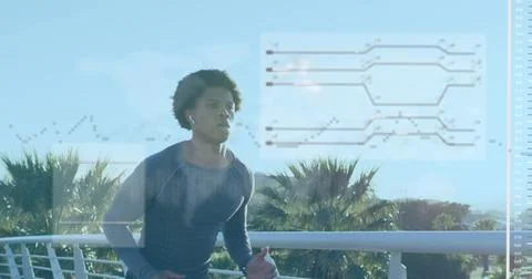 Image of data processing over african american man running Foto stock