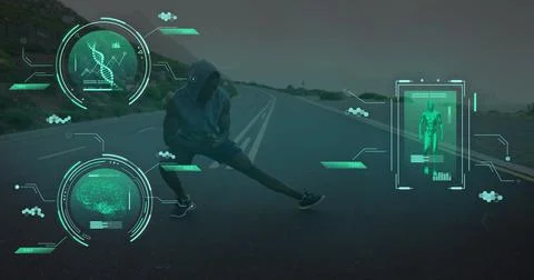 Image of data processing over african american man exercising on road 库存照片