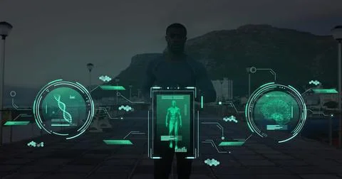 Image of data processing over african american man running Stock Photos