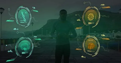 Image of data processing over african american man running Stock Photos
