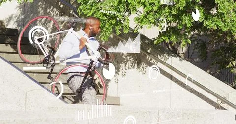 Image of data processing over african american businessman walking with bike Foto stock