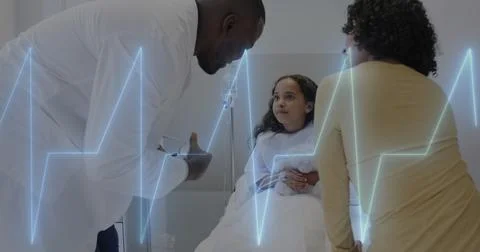 Image of data processing over african american male doctor with girl patient Foto stock