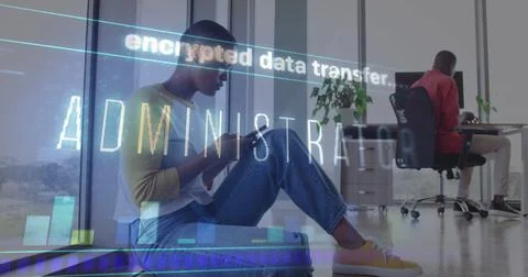 Image of data processing over african american businesswoman using smartphone Stock Photos