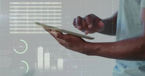Image of data processing over african american man using tablet Stock Photos