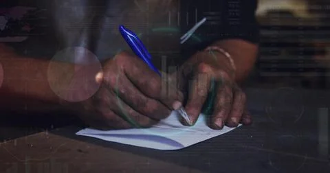 Image of data processing over african american man using taking notes Foto stock