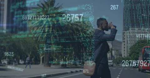 Image of data processing over african american businessman drinking coffee Stock-Fotos