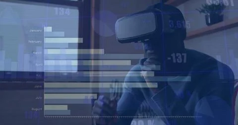 Image of data processing over african american man using vr headset 스톡 사진
