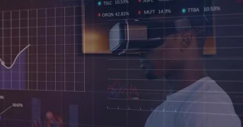 Image of data processing over african american man using vr headset 스톡 사진