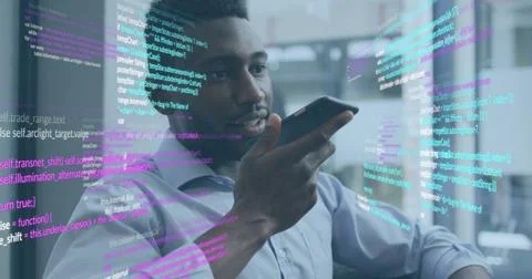 Image of data processing over african american businessman talking on smartphone Foto stock