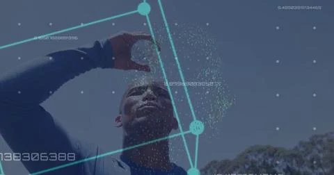 Image of data processing over african american man with bottle of water Stock Photos