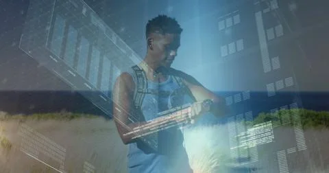 Image of data processing over african american man with smartwatch Stock Photos