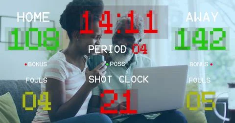 Image of data processing over african american couple using laptop 写真素材