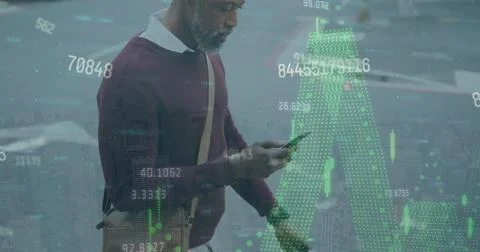 Image of data processing over african american man using smartphone Stock Photos