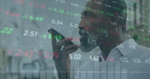 Image of data processing over african american man using smartphone 스톡 사진