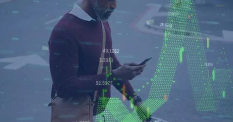 Image of data processing over african american man using smartphone Stock Photos