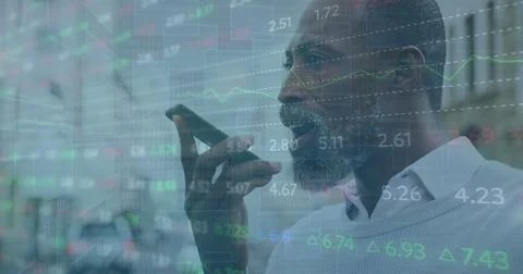 Image of data processing over african american man using smartphone Stock-Fotos
