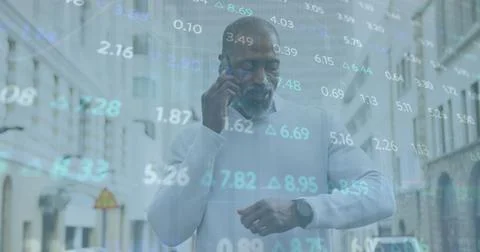 Image of data processing over african american man using smartphone 스톡 사진