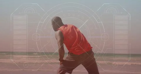 Image of data processing over african american man exercising at beach Stock Photos