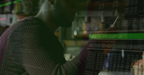Image of data processing over african american man using smartphone Stock Photos