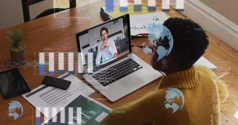 Image of data processing over african american businesswoman having image call 스톡 사진