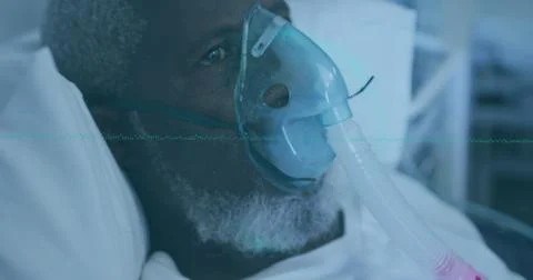 Image of data processing over african american man using oxygen mask Stock Photos