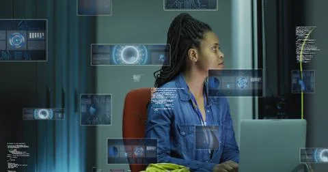Image of data processing over african american businesswoman by computer se.. 스톡 사진