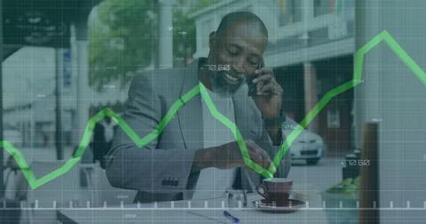 Image of data processing over african american man using smartphone Stock Photos