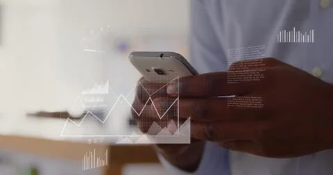 Image of data processing over african american man using smartphone Stock Photos