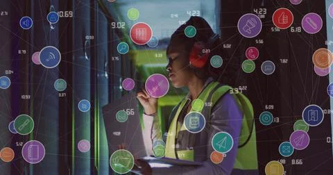 Image of data processing over african american female it engineer by computer Foto stock