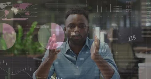 Image of data processing over african american man talking looking at the camera Stock Photos