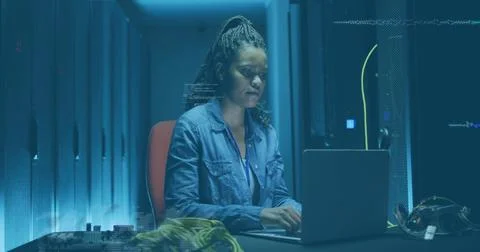 Image of data processing over african american it woman by computer servers Stock Photos