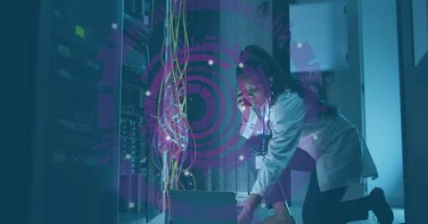 Image of data processing over african american it woman by computer servers Stock Photos