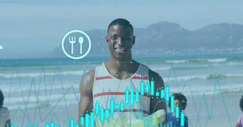 Image of data processing over african american family cleaning beach Stock Photos