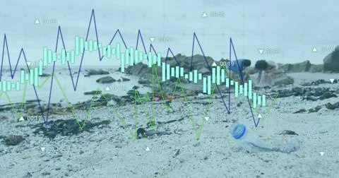 Image of data processing over african american couple cleaning beach Stock Photos