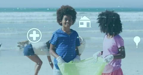 Image of data processing over african american family cleaning beach Stock Photos