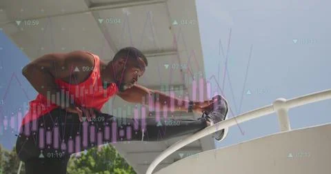 Image of data processing over african american man stretching Stock Photos