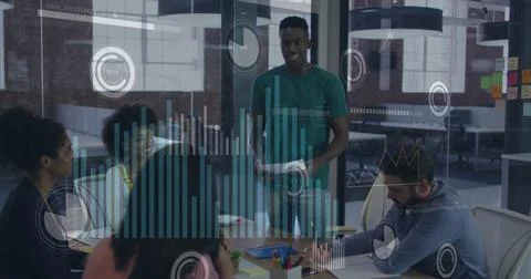 Image of data processing over african american man reading a document to his Stock Photos