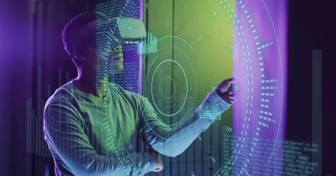 Image of data processing over african american male worker with vr headset in 写真素材