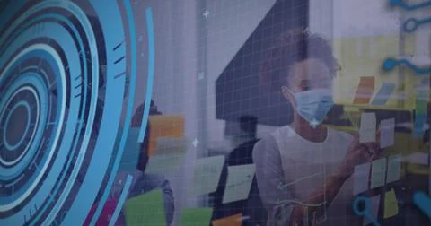 Image of data processing over african american man and woman discussing over Stockfoto's