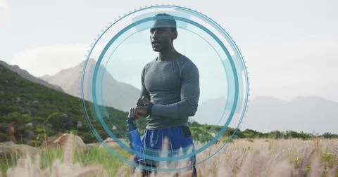 Image of data processing over african american man exercising in nature Stock Photos