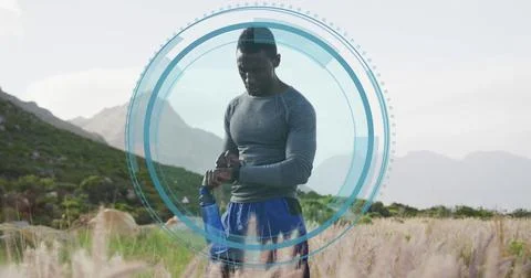 Image of data processing over african american man exercising in nature 스톡 사진