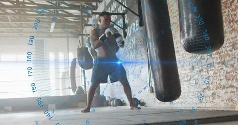 Image of data processing over african american man boxing in gym Fotos de archivo