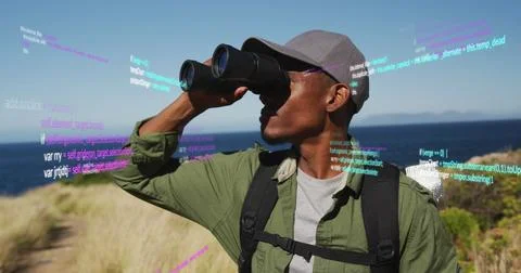 Image of data processing over african american man using binoculars in nature Foto stock