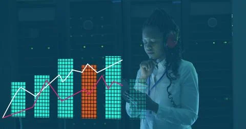 Image of data processing over african american it woman by computer servers 스톡 사진