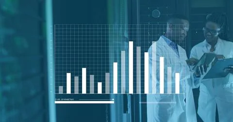 Image of data processing over african american it man and woman by computer Foto stock